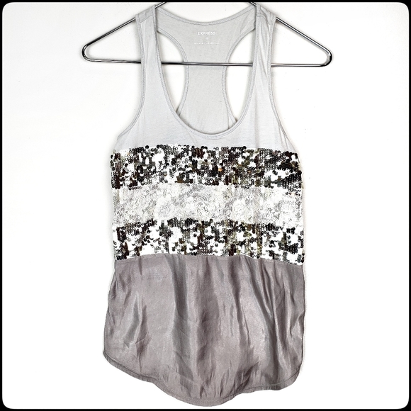 Express Tops - EXPRESS Gray Lace & Sequined Flowy Tank Top XS